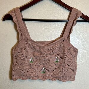 Hazel Moon Pink Knit Floral Cropped Tank Top